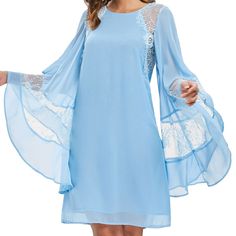 Flare Sleeves Lace Insert Dress - Light Sky Blue - 3082069712 - Original Design-Women's Clothing  #OriginalDesignWomensClothing #Original #DesignWomen's #Clothing Outfit Grado, Chiffon Dress Casual, Long Sleeve Chiffon Dress, Light Sky Blue, Chiffon Dresses, Chiffon Dress Long, Classy Dress Outfits, Mini Slip Dress, Lace Insert