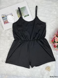 Katykey - Womens Plus Size Casual Lounge Romper with Nipped Waist Camisole Top - Solid Color Pajama Style Romper Black Casual Cami Sleepwear, Casual Black Sleeveless Sleepwear, Cotton Summer Sleep Jumpsuits And Rompers, Pajama Style, Lounge Romper, Solid Tops, Plus Size Casual, Camisole Top, Pajamas