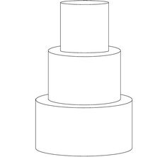 a three tiered cake sitting on top of a white plate with a black outline