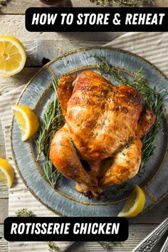 a roasted chicken on a plate with lemons and rosemary garnish, ready to be served