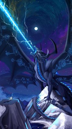 a blue dragon holding a light saber on top of a mountain under a purple sky