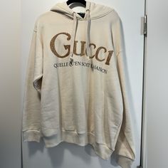 Gucci Hoodie, Could Be Worn As Unisex! Size Medium, Never Worn. Cream And Gold Gucci Hoodie, Gucci Top, Hooded Top, Hooded Tops, Cotton Logo, Cream And Gold, Black Logo, Boutique Clothing, Sweater Hoodie