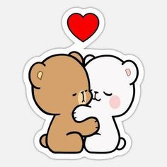 two teddy bears hugging each other with a red heart above them sticker on a white background