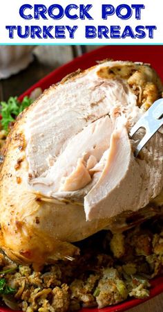 crock pot turkey breast on a bed of stuffing