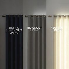 three different types of curtains with the words blackout, regular and regular in white letters