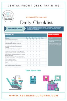 Dental Front Desk Checklist is a FREE download within my blog post here . And is one of 20 FREE Downloads available in my Dental Front Office Library. Visit asthedrillturns.com for your FREE Dental Administrative Training Resources by clicking now! Dental Front Office Organization, Dental Assistant Daily Checklist, Dental Office Front Desk Organization, Dental Office Organization Ideas, Desk Checklist, Office Checklist, Dental Front Desk, Dental Front Office, Dental Office Management