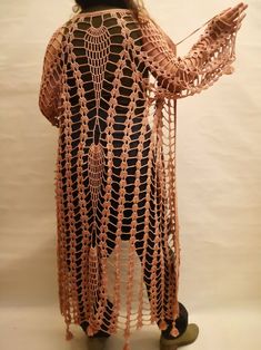 Fitted Open Knit Bohemian Cover-up, Fitted Beige Bohemian Cover-up, Bohemian Crochet Cardigan For Vacation, One Size Long Beach Cardigan, Fitted Open Knit Cardigan For Beach, Fitted Bohemian Cardigan For Summer, Festival Open Front Cover-up, Long Crochet Cardigan For The Beach, Bohemian Beige Open Knit Cover-up