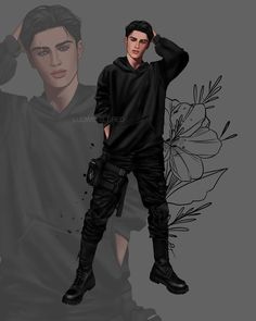 a drawing of a young man in black clothes and boots, with flowers behind him