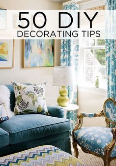 a living room with blue couches and pictures on the wall above them that says 50 diy decor tips