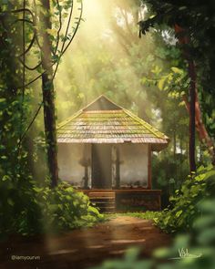 a painting of a gazebo in the woods with sunlight streaming through trees and leaves