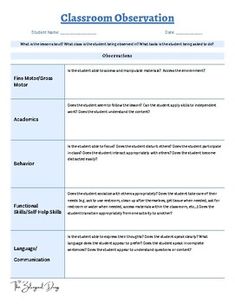 the classroom observation worksheet is shown in blue and white, with text on it