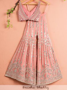 Baby Pink Indian Outfit, Crop Top Sharara Set, Pink Indian Outfit, Shadi Outfits, Watermelon Pink Color, Haldi Outfit For Bride, Choker Dupatta, Mirror Lace, Georgette Sharara