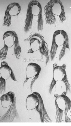 some drawings of different hairs and ponytails for girls with long hair, one in the middle