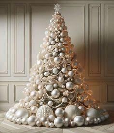 a white christmas tree with ornaments around it