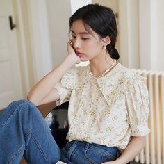 Lizakosht Japan Style Lady Print Shirt Summer Sweet Peter Pan Collar Ruffles Lantern Sleeve Retro Chic Shirts Mori Girl Blusas Female Tops Cute Hairstyles For School, Female Tops, Chic Shirts, Streetwear Tops, Japan Style, Mori Girl, Casual Tank Tops, Japan Fashion, Lantern Sleeve