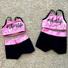 These Are Two Identical, Cheerleading Outfits. The Smaller One Is Size 2/3t The Larger One Is Size 3/4t Never Worn. These Are Pink With Sparkles These Are 25$ Each Or Both For 40$ Cute Fitted School Set, Fitted Sets For Playwear, Fitted Letter Print Top For Playwear, Fitted Tops With Letter Print For Playwear, Pink Fitted Top For Cheerleading, Fitted Cotton Cheerleading Sets, Sporty Fitted Sets For Playwear, Cheer Outfits, Cheerleading Outfits