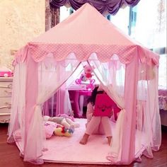 • # Newfangled Castle Design: Inspired by castles in fairy tale, this beautiful and remarkable princess house can help your little princess dreams come true. Which kid does not like a little secret place? Indoor Tent For Kids, Princess Playhouse, Baby Tent, Pink Tent, Childrens Tent, Indoor Tents, Kids Castle, House Tent, Kids Teepee Tent