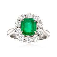 Ross-Simons - C. 1990 Vintage 2.16ct Emerald Ring, 1.23ct t. w. Diamonds. Size 6. C. 1990. From our Estate collection, this opulent ring presents a stunning 2.16 carat emerald haloed by 1.23 ct. t. w. round brilliant-cut diamonds. This heirloom-quality design exudes the kind of captivating color and lush sparkle that makes emerald and diamond such a classic, coveted combination. Finely crafted in polished platinum. 5/8" wide. Diamond and emerald ring. Exclusive, one-of-a-kind Estate Jewelry. Eme Diamond And Emerald Ring, Emerald Ring Vintage, Emerald Birthstone, May Birthday, Emerald Ring, Round Brilliant Cut Diamond, Estate Jewelry, Round Brilliant, Beautiful Jewelry