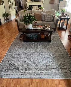 a living room filled with furniture and a rug on top of a hard wood floor