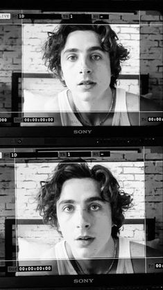 three television screens showing two men in front of a brick wall and one man looking at the camera