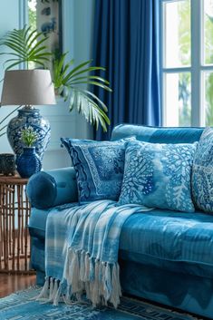 a living room with blue couches and pillows