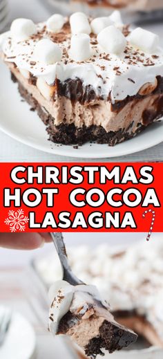 a piece of christmas hot cocoa lasagna with marshmallows on top