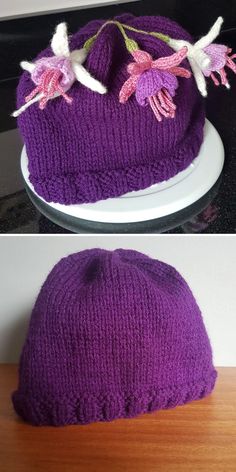 two pictures of a purple hat with flowers on it