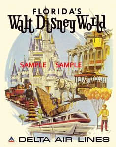 an advertisement for the florida walt world featuring a boat, castle and man with balloons