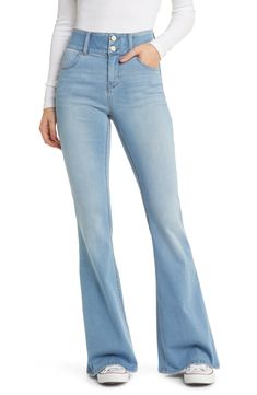 These soft and stretchy flare jeans feature a high, wide waistband with a shapewear effect that comfortably contours your natural silhouette. 34" inseam; 23" leg opening; 10 1/2" front rise; 15" back rise 51% cotton, 26% polyester, 22% rayon, 1% spandex Machine wash, tumble dry Imported Stretch High Rise Casual Flares, Casual Stretch High Rise Flares, Stretch High-rise Casual Flares, Casual Stretch High-rise Flares, Stretch High Rise Medium Wash Flares, High Rise Medium Wash Fitted Flares, High-waist Stretch Denim Flares, Light Wash High Waist Fitted Flares, Trendy Medium Wash Flared Hem Bottoms