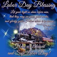 an image of a happy labor day card with a train on the tracks and stars