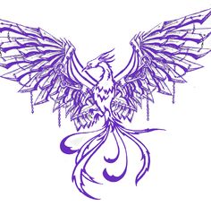 a drawing of a bird with wings spread out, on a white background in purple ink