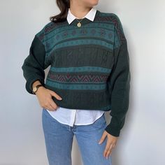 "Vintage pine green sweater. Adorned with geometric patterns, it exudes a retro charm Embracing grandpa and oversized aesthetic, its pine green hue adds a touch of timeless sophistication. Versatile and unisex, this cozy piece promises both warmth and fashion-forward flair. Please check the measurements. Measurements taken with item laying flat on the ground. Length: 66cm, 25,9\" Chest: 56cm, 22\" Arm length(from shoulder:51cm, 20\" Hip area: 54cm, 21,2\" Material: I think it's acrylic.  Beatiful vintage condition. 10/8. Fuzzy due to its age.  *RETURNS NOT ACCEPTED (Please check all measurements before buying vintageitem and read the description Model is 175cm and her size is EU:36(S). For best fit, please compare measurements to an item you already own. Please feel free contact me if you Green Jacquard Knit Sweater For Fall, Green Cable Knit Tops For Layering, Green Retro Winter Tops, Retro Green Winter Tops, Green Fair Isle Sweater For Fall, Green Vintage Sweater For Streetwear, Grandpa's Sweater, Green Oversized Retro Sweater, Green Retro Winter Sweater