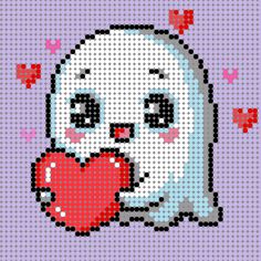 a cross stitch pattern with an image of a cat holding a heart in it's mouth