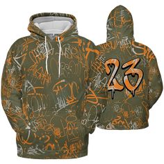 Olive-5s-Hoodie-Match-23-Hiphop-3D-Graffiti-Pattern Affordable Green Graffiti Print T-shirt, Hiphop Graffiti, Graffiti Pattern, Matching Jordans, Under The Lights, Jordan 5, 3d T Shirts, Fleece Fabric, Unisex Fashion