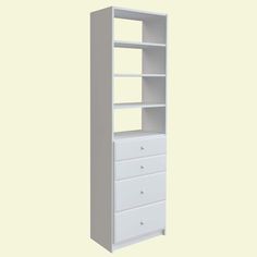 a tall white bookcase with five drawers