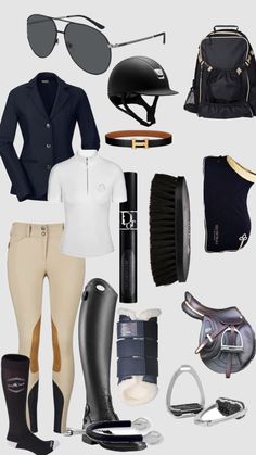 a woman's equestrian gear including riding boots, gloves and sunglasses is shown in this image