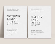 two wedding cards with the words nothing fancy and happily after party written in black ink