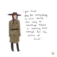 a drawing of a woman in a trench coat and hat with an inscription on it