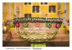 a basket with flowers on it sitting in front of a building