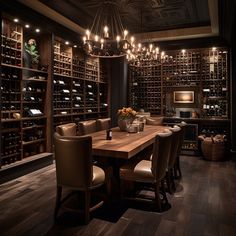 a dining room table surrounded by brown leather chairs and wine bottles on the wall behind it