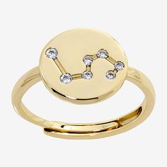 This ring is adjustable, fitting most sizes. It should fit sizes 5-10Ring Style: BandsFeatures: Inspirational, Adjustable, Personalized, Zodiac Jewelry, In A Gift BoxShape: RoundStone Cut: RoundMetal Color: Gold ToneBand Width: 2.5mmCare: Wipe CleanStone Type: 7 Cubic ZirconiaMetal: 14k Gold Over BrassCountry of Origin: Imported Rings Bands, Zodiac Jewelry, Jewellery And Watches, Watch Bands, Band Rings, Heart Ring, Cubic Zirconia, Ring Size, Sparkle