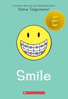 a book cover with a smiley face and the words smile written in white on it