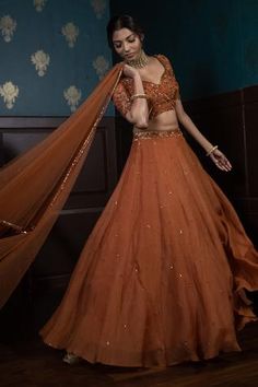 Shop for Parul Gandhi Label Orange Organza Embroidered Lehenga Set for Women Online at Aza Fashions Rust Orange Indian Outfit, Reception Bridesmaid Outfit Indian, Terracotta Lehenga, Best Friend Wedding Outfit, Lehenga For Dark Skin Tone, South Indian Dress Outfits, Onion Colour Lehenga, Party Wear Indian Dresses Receptions, Lehnga Designs Indian Weddings Simple