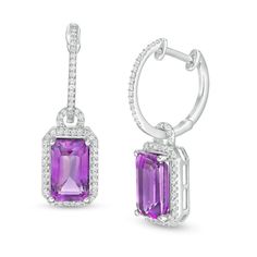 Set a sophisticated tone with these stunning gemstone drop earrings. Crafted in sterling silver, each luxe earring features a 10.0 x 6.0mm emerald-cut bright purple amethyst wrapped in an octagonal frame of shimmering white topaz. The doorknocker-style drop glistens with white topaz along a sculpted interlocked loop top and hoop. Buffed to a brilliant luster, these earrings secure with hinged backs. Purple Accessories, Gemstone Drop Earrings, Peoples Jewellers, Emerald Stone, Topaz Stone, Purple Stones, Amethyst Earrings, Diamond Pendant Necklace, Body Jewellery