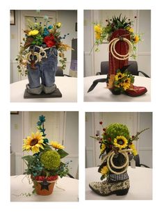 four pictures of boots with flowers in them and one has a cowboy boot on it