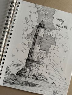 a drawing of a lighthouse in the ocean