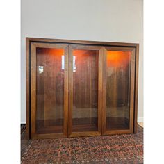 an empty room with three glass doors on the wall and rug in front of it