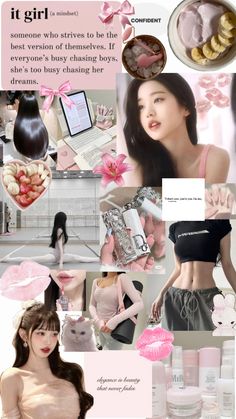 a collage of photos with pink and white flowers on the bottom, an image of a woman's torso