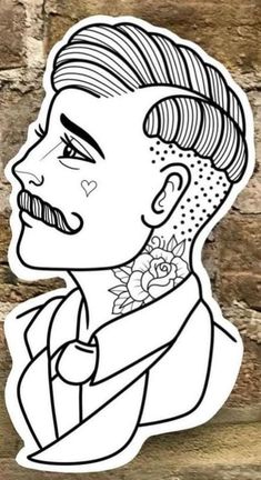 a sticker with a drawing of a man's face in black and white