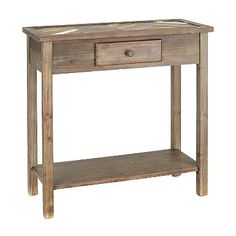 a small wooden table with drawers on one side and an open drawer on the other